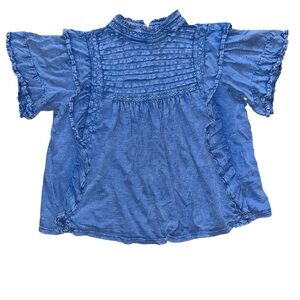 Free People Denim Color Ruffle Trim Short Sleeve Blouse